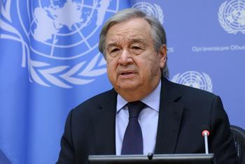 Le Secrétaire général de l'ONU António Guterres lors d'un point de presse.